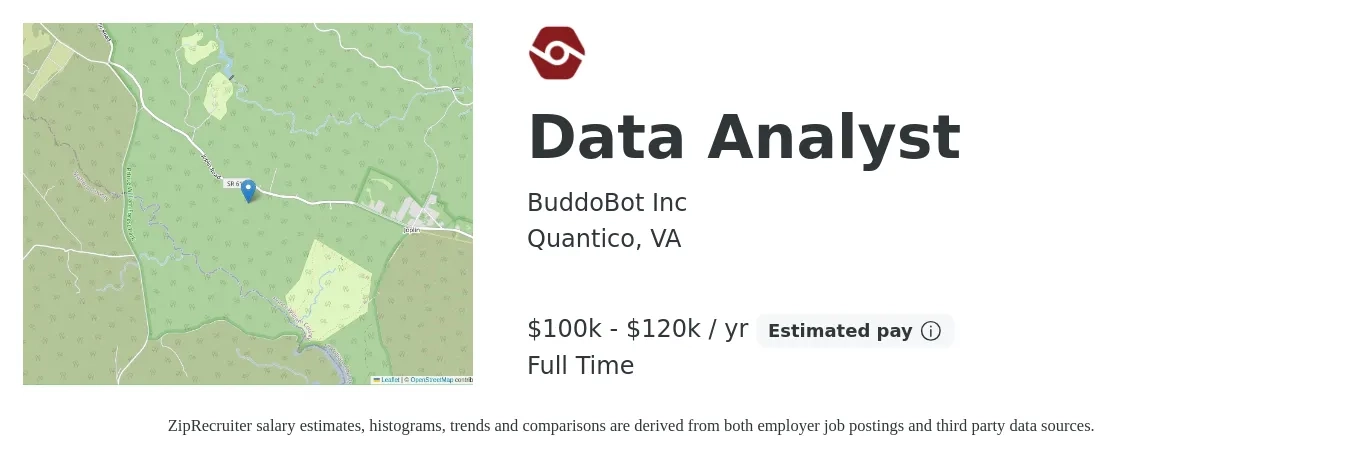 BuddoBot Inc job posting for a Data Analyst in Quantico, VA with a salary of $100,000 to $120,000 Yearly with a map of Quantico location.