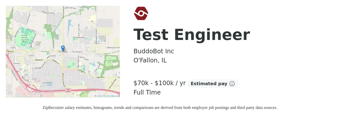 BuddoBot Inc job posting for a Test Engineer in O'Fallon, IL with a salary of $70,000 to $100,000 Yearly with a map of O'Fallon location.