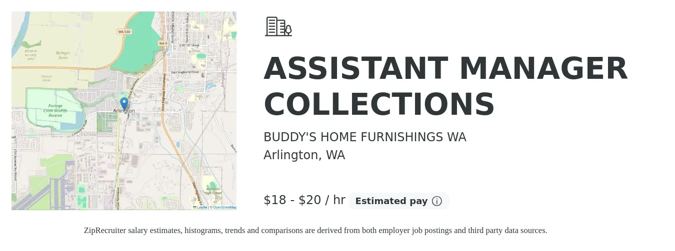 BUDDY'S HOME FURNISHINGS WA job posting for a ASSISTANT MANAGER COLLECTIONS in Arlington, WA with a salary of $19 to $21 Hourly with a map of Arlington location.
