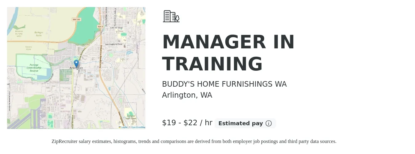 BUDDY'S HOME FURNISHINGS WA job posting for a MANAGER IN TRAINING in Arlington, WA with a salary of $20 to $23 Hourly with a map of Arlington location.