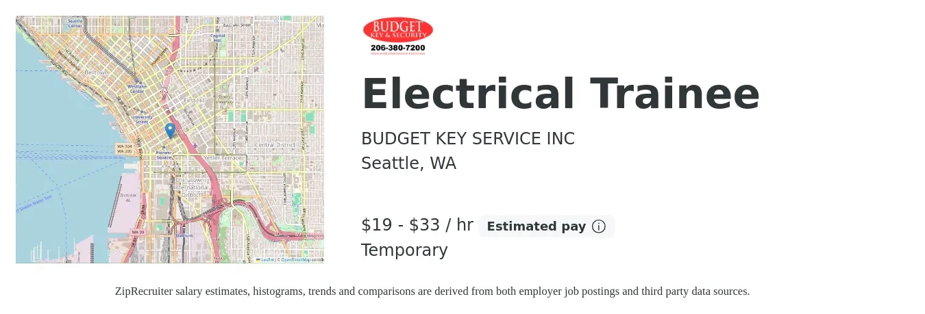 BUDGET KEY SERVICE INC job posting for a Electrical Trainee in Seattle, WA with a salary of $20 to $35 Hourly with a map of Seattle location.
