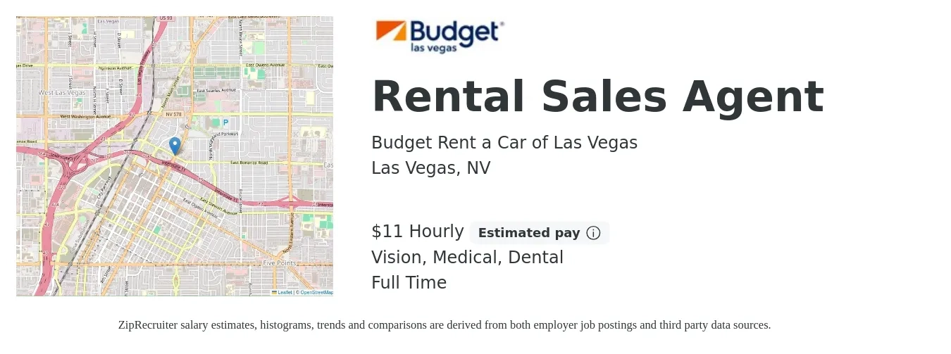 Budget Rent a Car of Las Vegas job posting for a Rental Sales Agent in Las Vegas, NV with a salary of $12 Hourly and benefits including life_insurance, medical, pto, retirement, vision, and dental with a map of Las Vegas location.