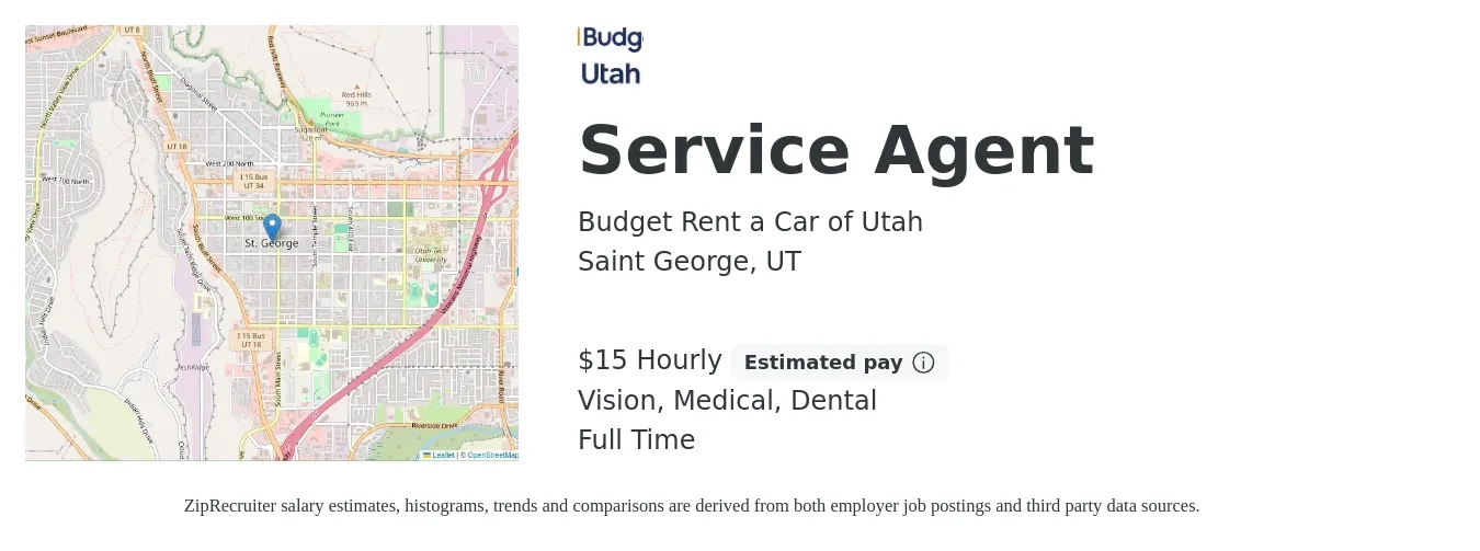 Budget Rent a Car of Utah job posting for a Service Agent in Saint George, UT with a salary of $16 Hourly and benefits including life_insurance, medical, retirement, vision, and dental with a map of Saint George location.