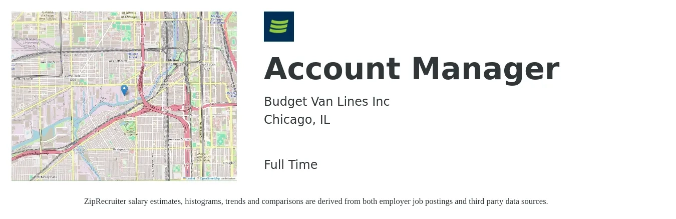 Budget Van Lines Inc job posting for a Account Manager in Chicago, IL with a salary of $49,400 to $80,800 Yearly with a map of Chicago location.