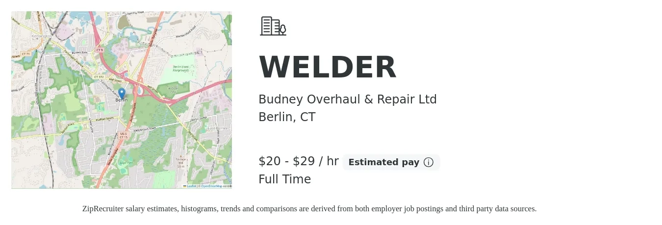 Budney Overhaul & Repair Ltd job posting for a WELDER in Berlin, CT with a salary of $21 to $31 Hourly with a map of Berlin location.