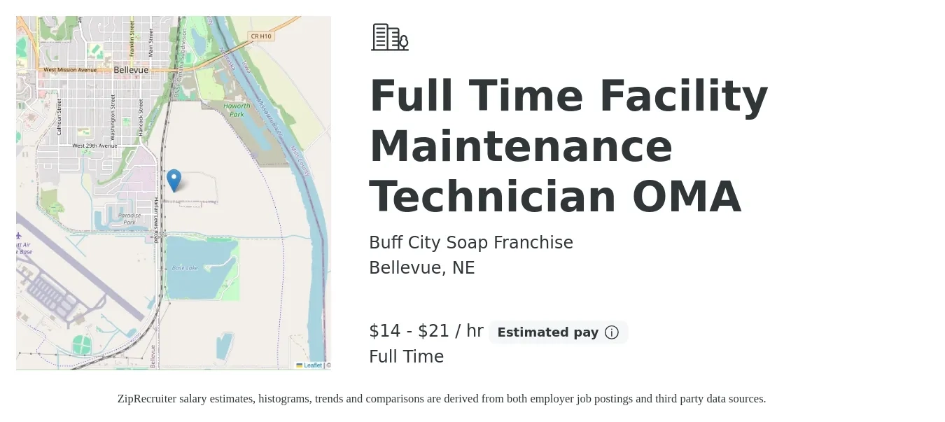 Buff City Soap Franchise job posting for a Full Time Facility Maintenance Technician OMA in Bellevue, NE with a salary of $15 to $22 Hourly with a map of Bellevue location.