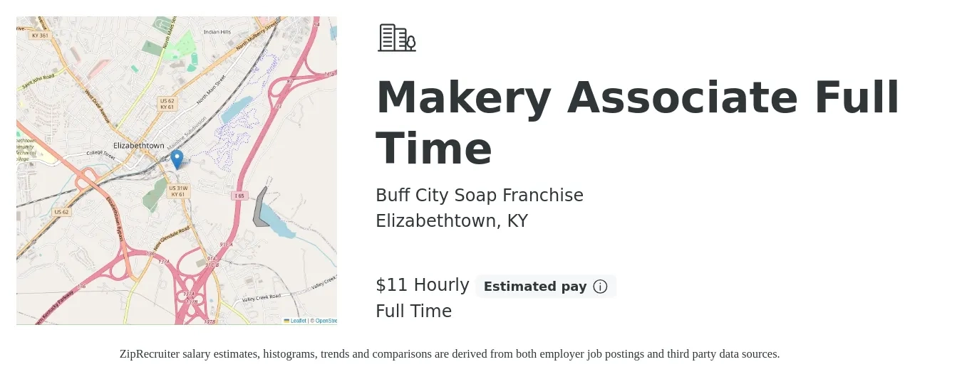 Buff City Soap Franchise job posting for a Makery Associate Full Time in Elizabethtown, KY with a salary of $12 Hourly with a map of Elizabethtown location.