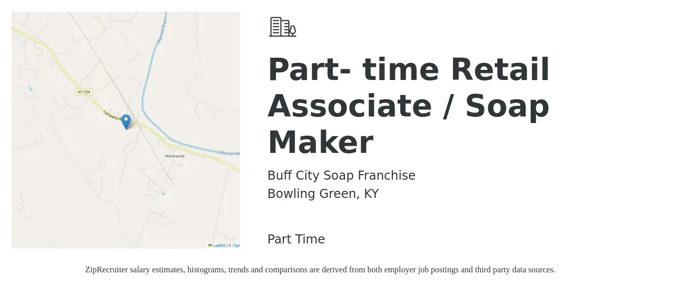 Buff City Soap Franchise job posting for a Part- time Retail Associate / Soap Maker in Bowling Green, KY with a salary of $13 to $15 Hourly with a map of Bowling Green location.