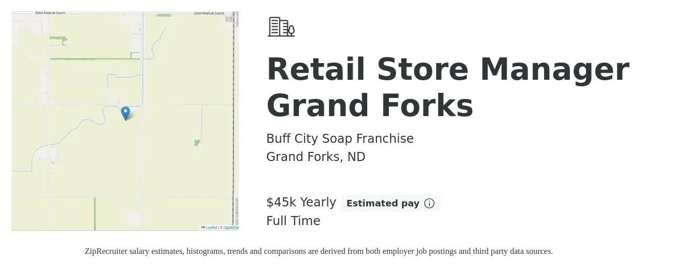 Buff City Soap Franchise job posting for a Retail Store Manager Grand Forks in Grand Forks, ND with a salary of $45,000 Yearly with a map of Grand Forks location.