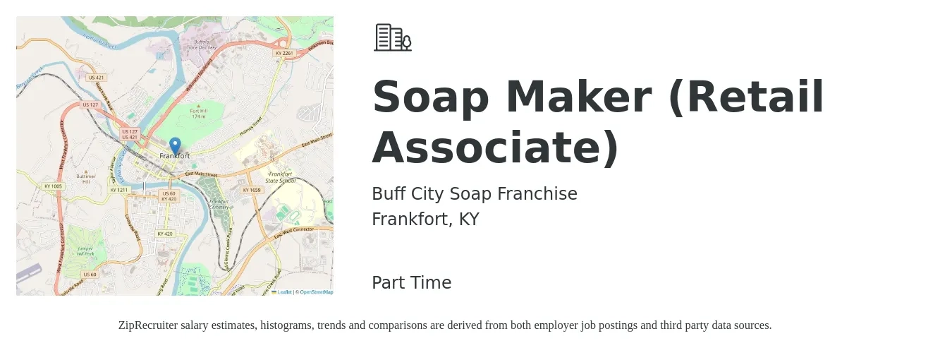 Buff City Soap Franchise job posting for a Soap Maker (Retail Associate) in Frankfort, KY with a map of Frankfort location.