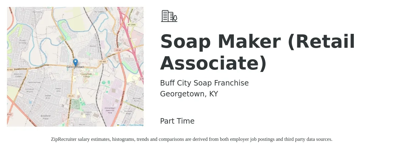 Buff City Soap Franchise job posting for a Soap Maker (Retail Associate) in Georgetown, KY with a map of Georgetown location.
