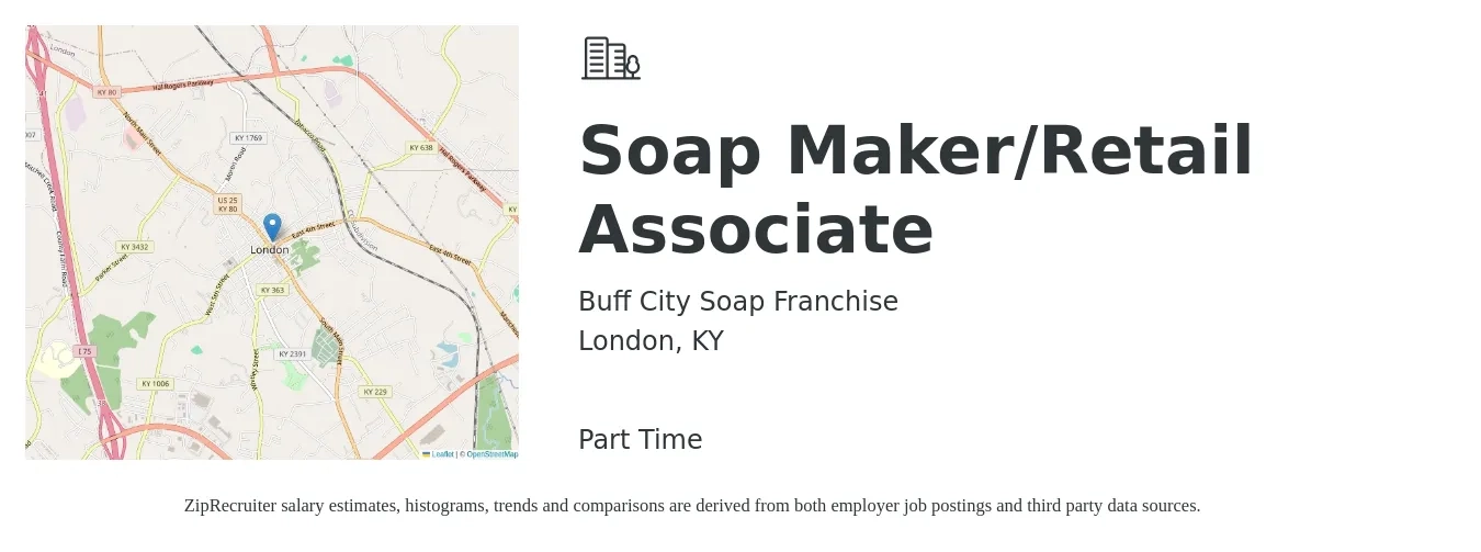 Buff City Soap Franchise job posting for a Soap Maker/Retail Associate in London, KY with a map of London location.