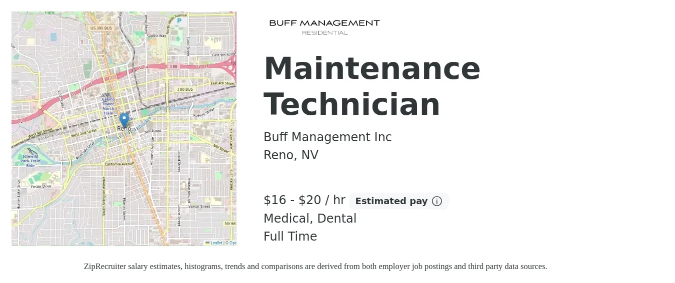 Buff Management Inc job posting for a Maintenance Technician in Reno, NV with a salary of $17 to $21 Hourly and benefits including dental, and medical with a map of Reno location.