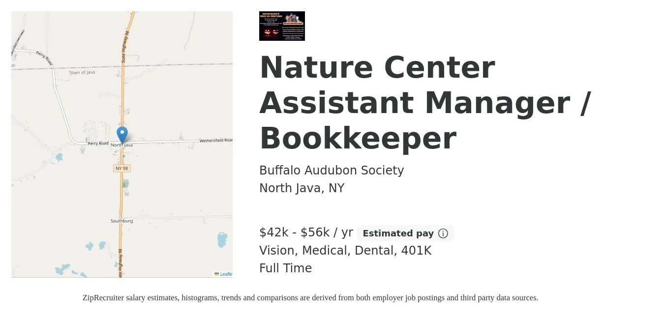 Buffalo Audubon Society job posting for a Nature Center Assistant Manager / Bookkeeper in North Java, NY with a salary of $42,000 to $56,000 Yearly and benefits including vision, 401k, dental, and medical with a map of North Java location.