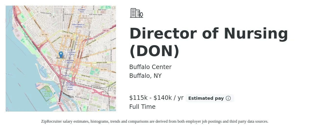 Buffalo Center job posting for a Director of Nursing (DON) in Buffalo, NY with a salary of $115,000 to $140,000 Yearly with a map of Buffalo location.