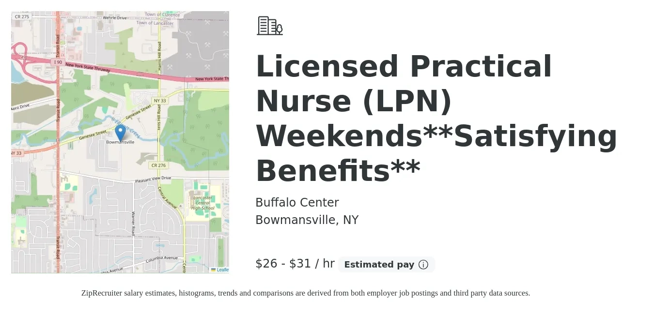 Buffalo Center job posting for a Licensed Practical Nurse (LPN) Weekends**Satisfying Benefits** in Bowmansville, NY with a salary of $28 to $32 Hourly with a map of Bowmansville location.