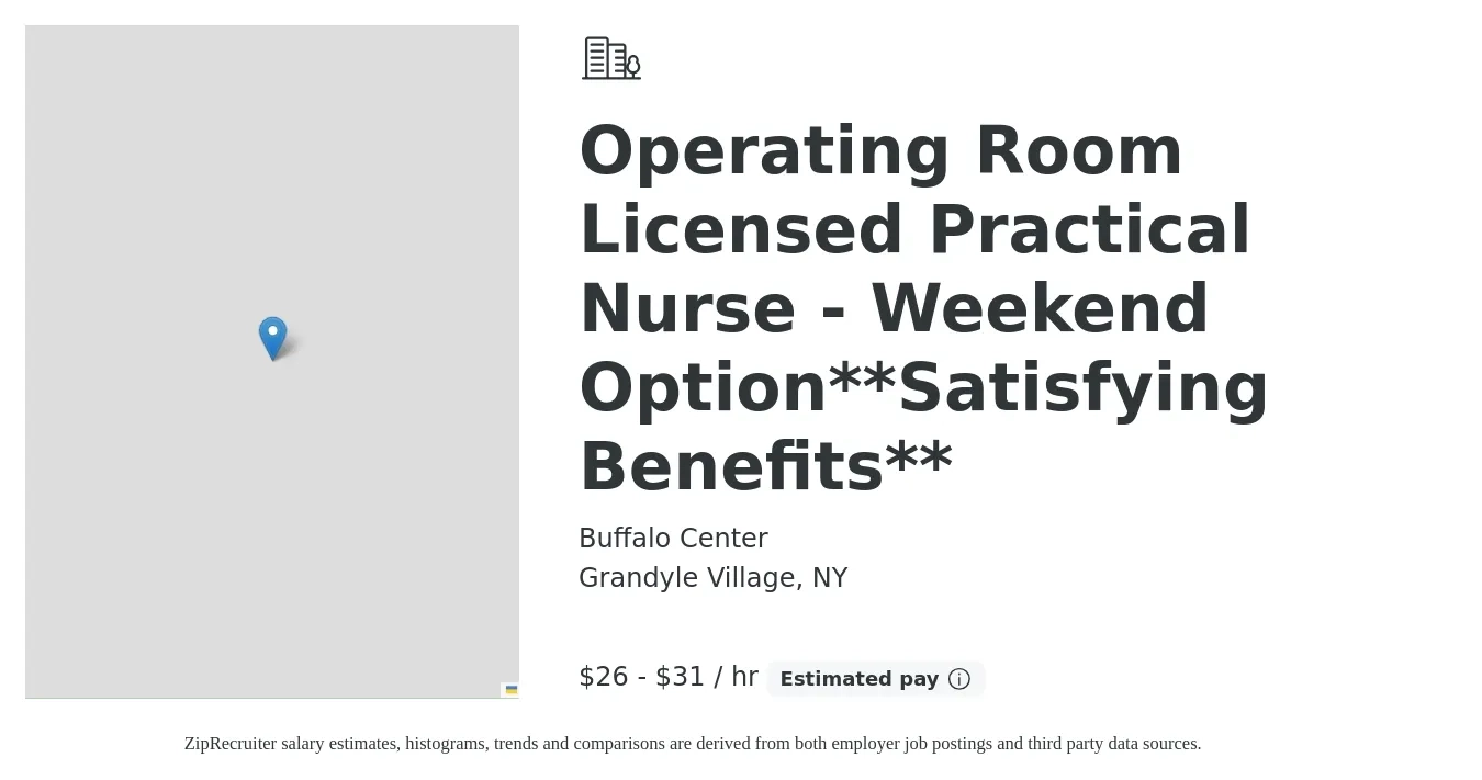 Buffalo Center job posting for a Operating Room Licensed Practical Nurse - Weekend Option**Satisfying Benefits** in Grandyle Village, NY with a salary of $28 to $32 Hourly with a map of Grandyle Village location.