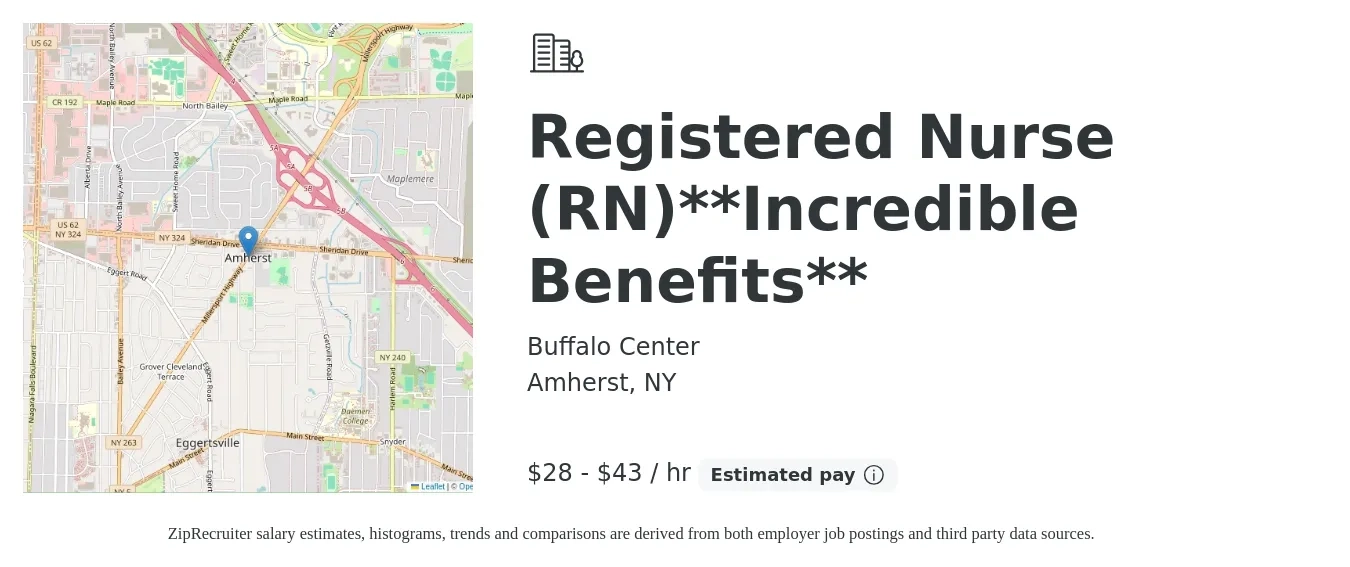 Buffalo Center job posting for a Registered Nurse (RN)**Incredible Benefits** in Amherst, NY with a salary of $30 to $45 Hourly with a map of Amherst location.