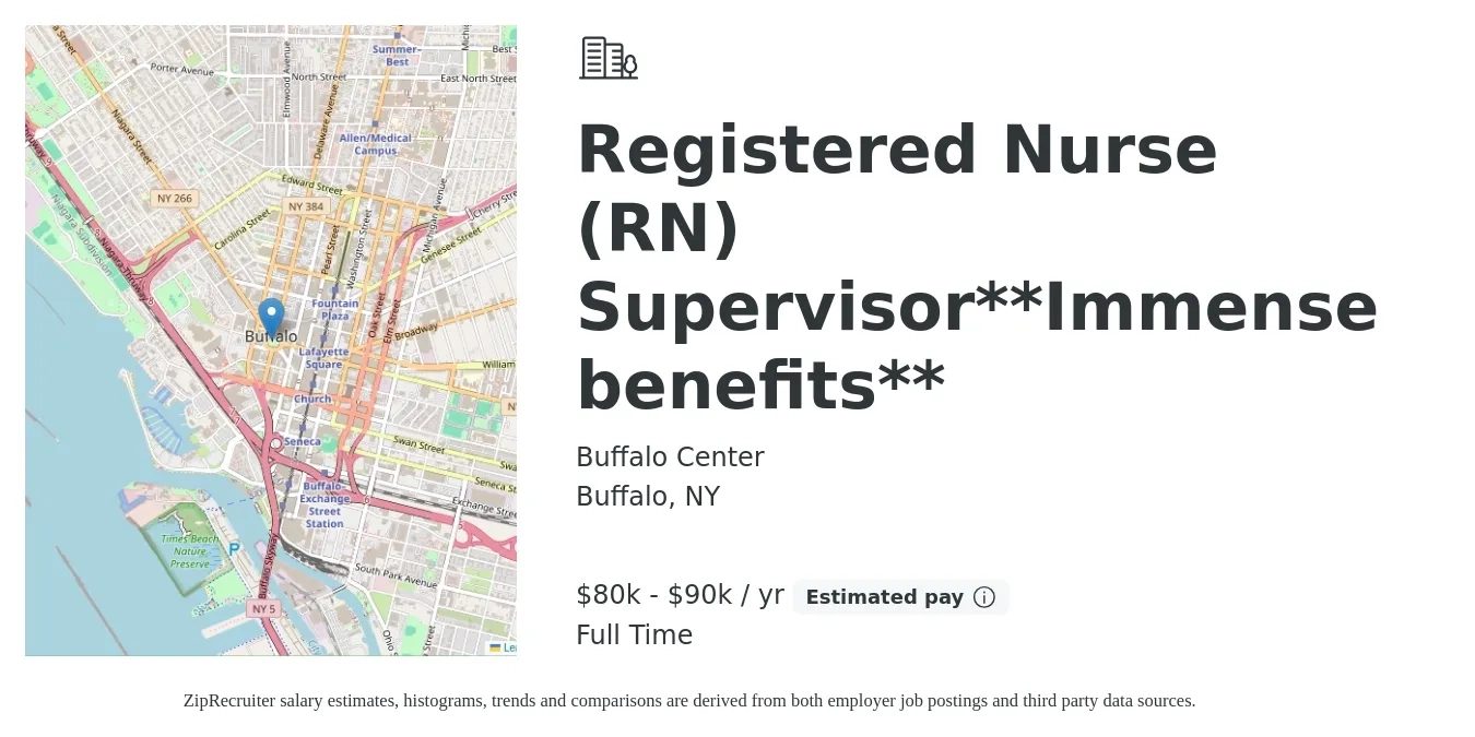 Buffalo Center job posting for a Registered Nurse (RN) Supervisor**Immense benefits** in Buffalo, NY with a salary of $80,000 to $90,000 Yearly with a map of Buffalo location.