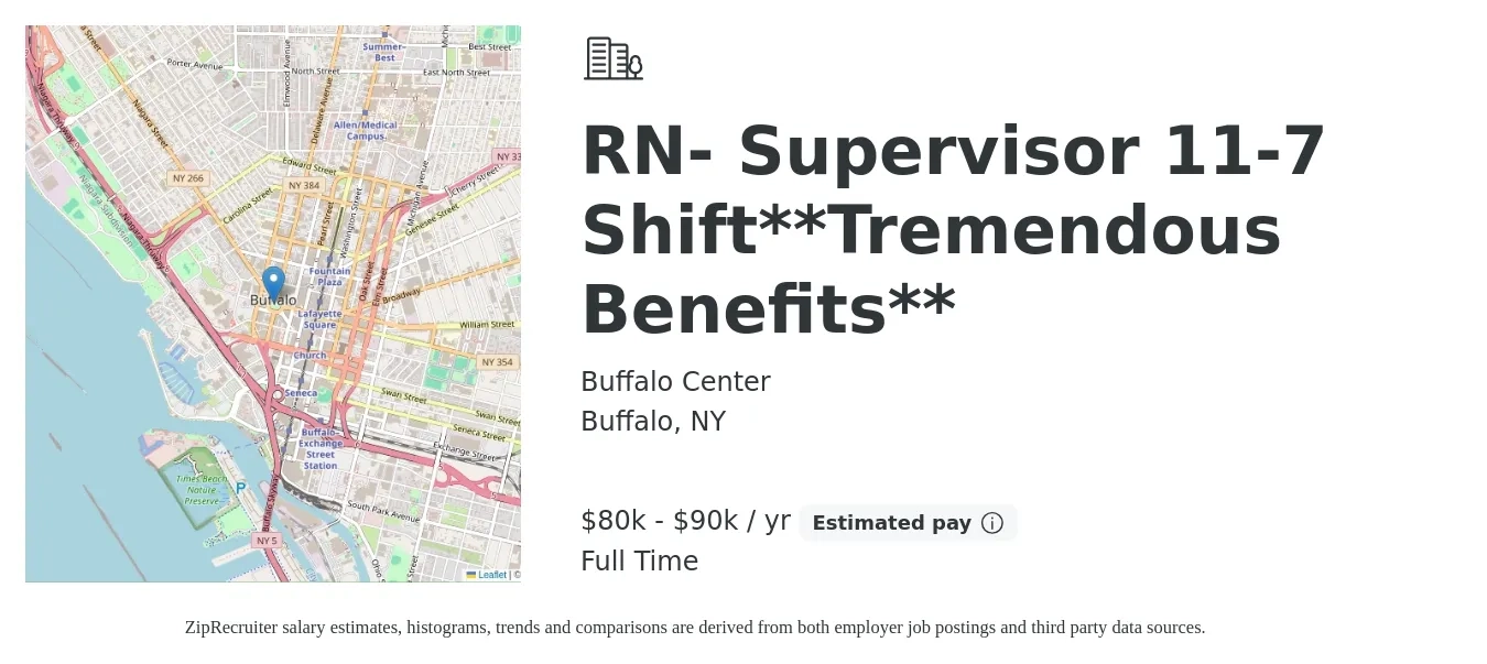 Buffalo Center job posting for a RN- Supervisor 11-7 Shift**Tremendous Benefits** in Buffalo, NY with a salary of $80,000 to $90,000 Yearly with a map of Buffalo location.