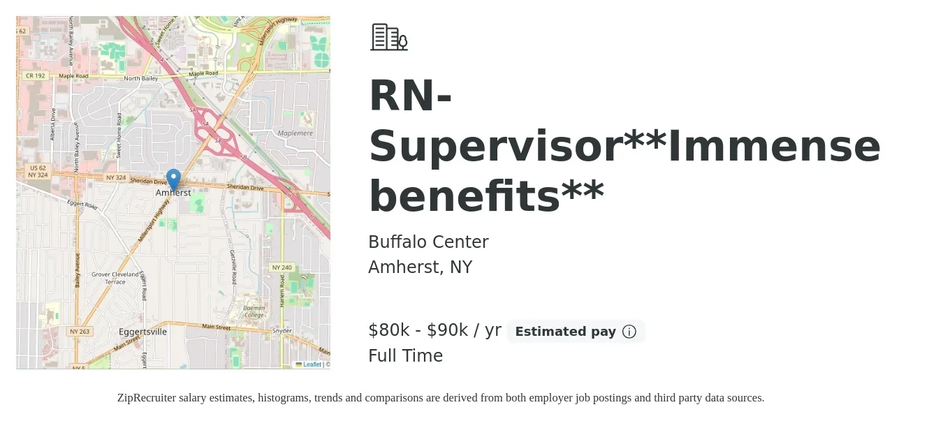 Buffalo Center job posting for a RN- Supervisor**Immense benefits** in Amherst, NY with a salary of $80,000 to $90,000 Yearly with a map of Amherst location.