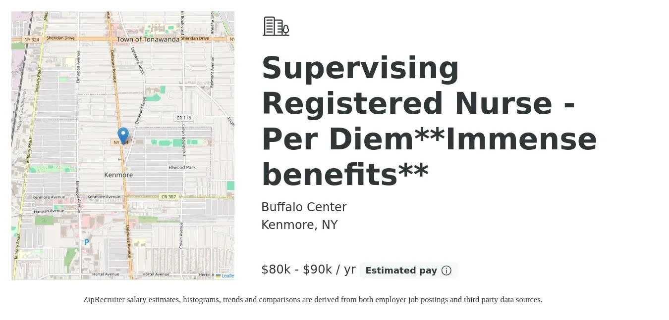 Buffalo Center job posting for a Supervising Registered Nurse - Per Diem**Immense benefits** in Kenmore, NY with a salary of $80,000 to $90,000 Yearly with a map of Kenmore location.