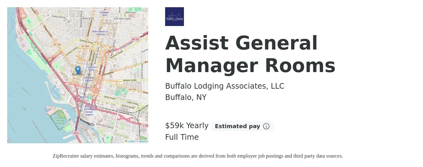 Buffalo Lodging Associates, LLC job posting for a Assist General Manager Rooms in Buffalo, NY with a salary of $64,000 Yearly with a map of Buffalo location.