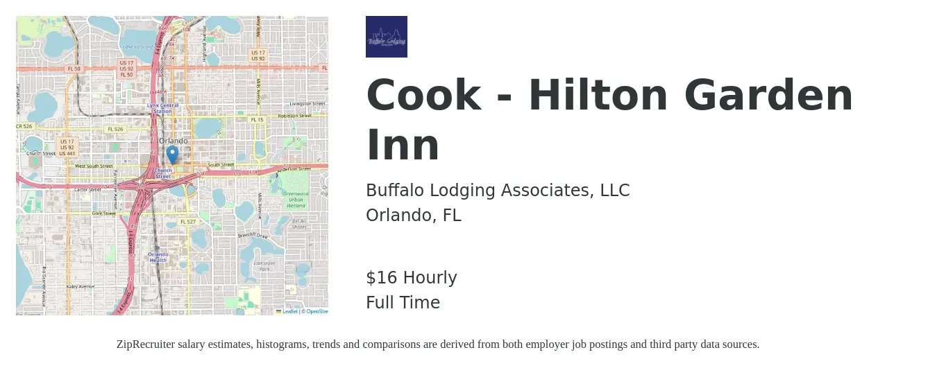 Buffalo Lodging Associates, LLC job posting for a Cook - Hilton Garden Inn in Orlando, FL with a salary of $17 Hourly with a map of Orlando location.