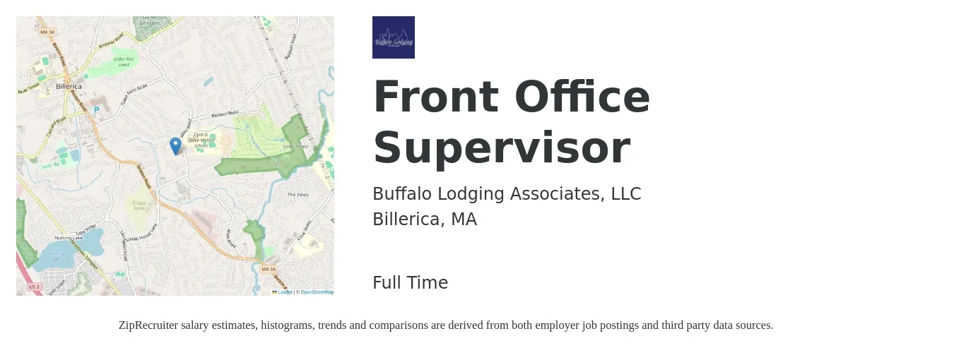 Buffalo Lodging Associates job posting for a Front Office Supervisor in Billerica, MA with a salary of $20 to $30 Hourly with a map of Billerica location.