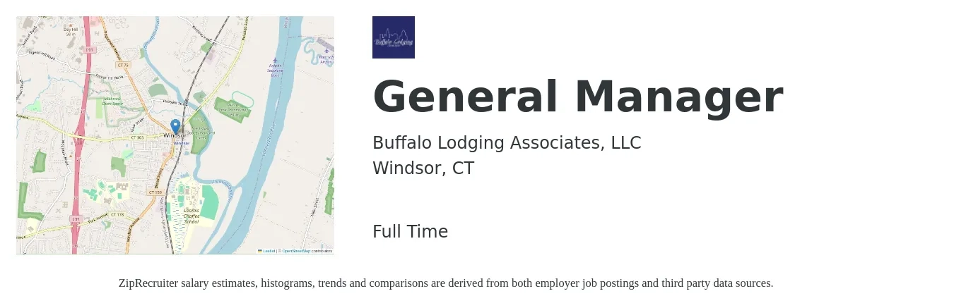 Buffalo Lodging Associates, LLC job posting for a General Manager in Windsor, CT with a salary of $49,300 to $73,700 Yearly with a map of Windsor location.