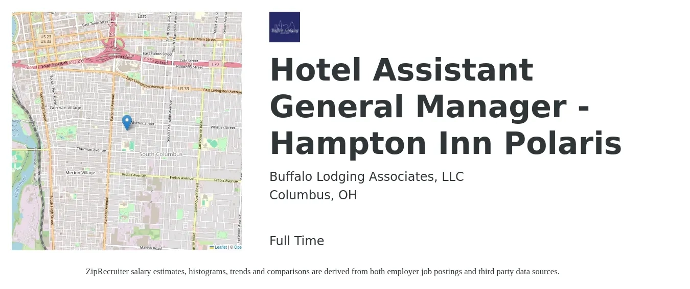 Buffalo Lodging Associates, LLC job posting for a Hotel Assistant General Manager - Hampton Inn Polaris in Columbus, OH with a salary of $37,200 to $61,200 Yearly with a map of Columbus location.