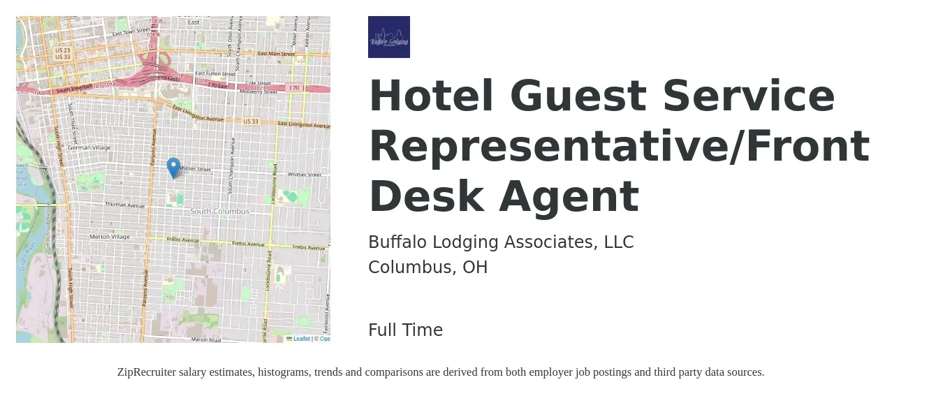 Buffalo Lodging Associates, LLC job posting for a Hotel Guest Service Representative/Front Desk Agent in Columbus, OH with a salary of $14 to $18 Hourly with a map of Columbus location.