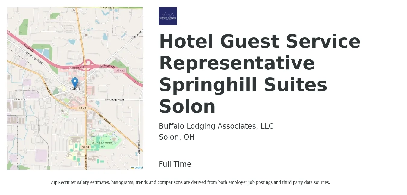 Buffalo Lodging Associates, LLC job posting for a Hotel Guest Service Representative Springhill Suites Solon in Solon, OH with a salary of $14 to $18 Hourly with a map of Solon location.