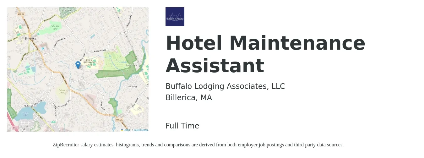 Buffalo Lodging Associates, LLC job posting for a Hotel Maintenance Assistant in Billerica, MA with a salary of $17 to $22 Hourly with a map of Billerica location.