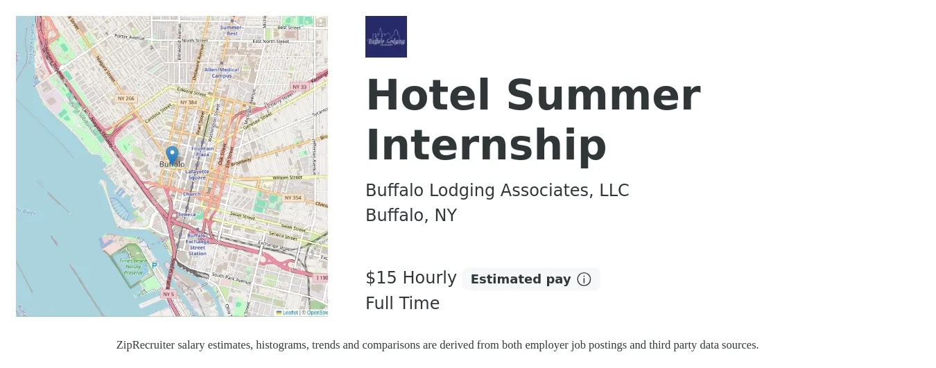 Buffalo Lodging Associates, LLC job posting for a Hotel Summer Internship in Buffalo, NY with a salary of $16 to $21 Hourly with a map of Buffalo location.