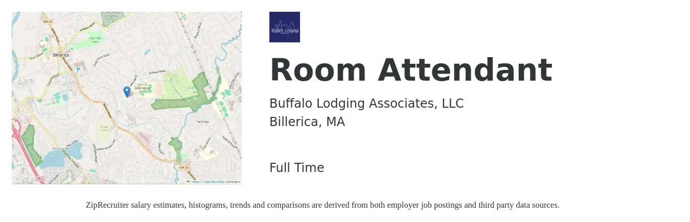 Buffalo Lodging Associates, LLC job posting for a Room Attendant in Billerica, MA with a salary of $15 to $18 Hourly with a map of Billerica location.