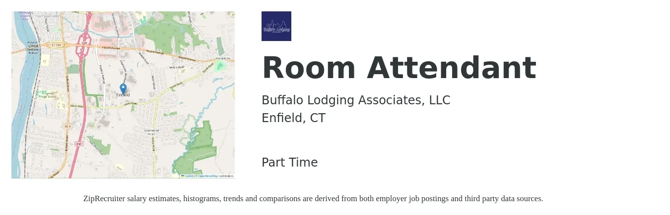 Buffalo Lodging Associates, LLC job posting for a Room Attendant in Enfield, CT with a salary of $14 to $18 Hourly with a map of Enfield location.