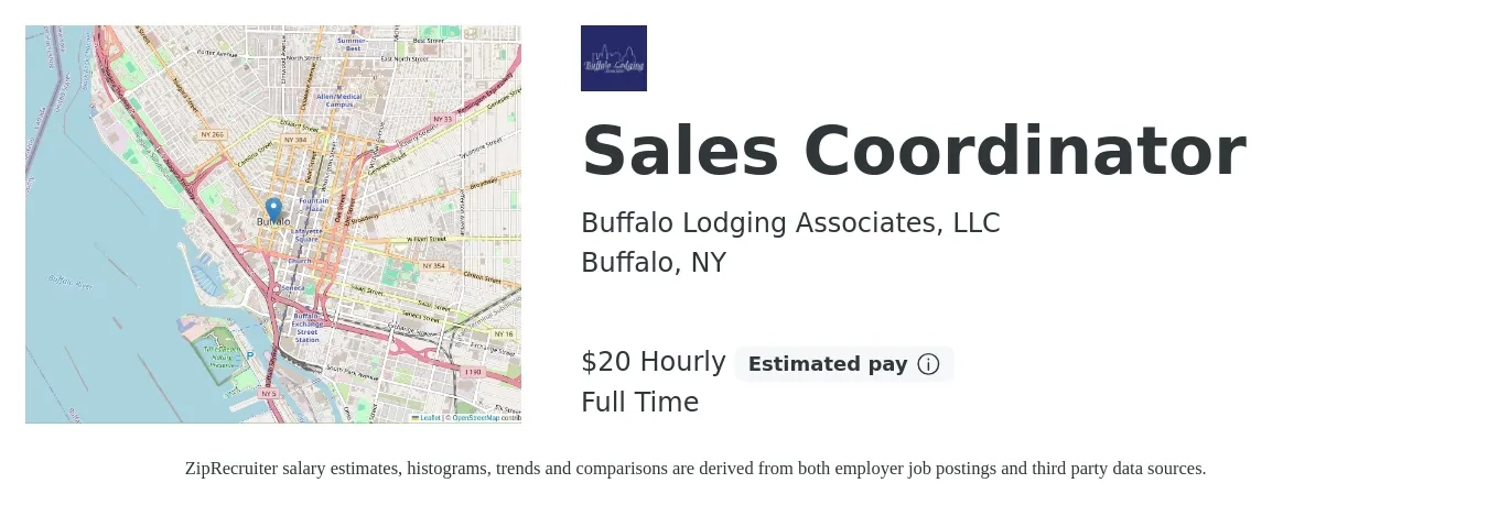 Buffalo Lodging Associates, LLC job posting for a Sales Coordinator in Buffalo, NY with a salary of $18 to $25 Hourly with a map of Buffalo location.