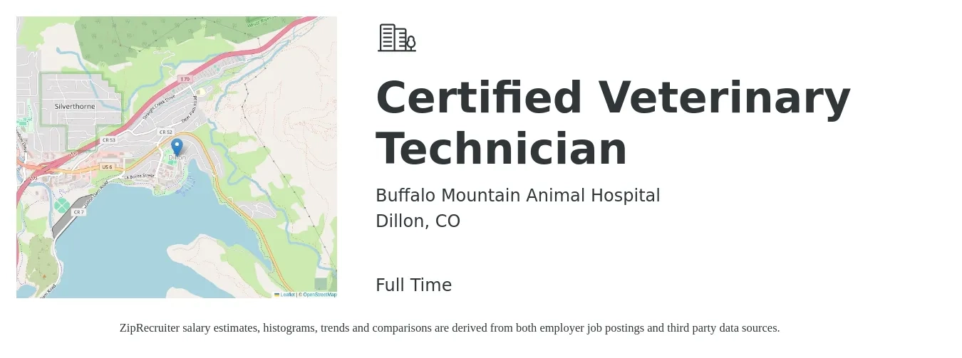 Buffalo Mountain Animal Hospital job posting for a Certified Veterinary Technician in Dillon, CO with a salary of $18 to $26 Hourly with a map of Dillon location.
