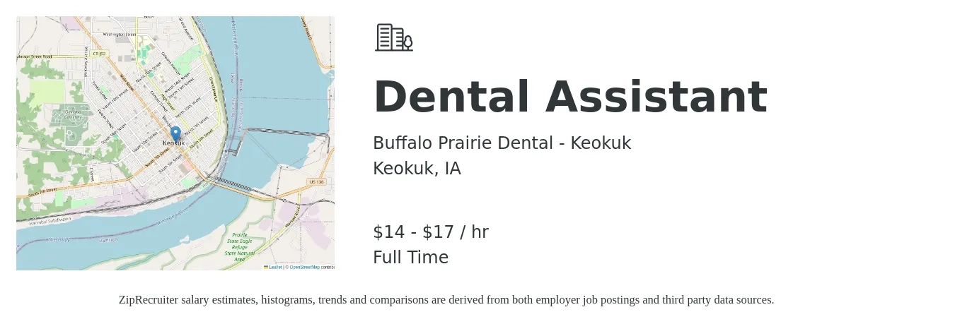 Buffalo Prairie Dental - Keokuk job posting for a Dental Assistant in Keokuk, IA with a salary of $15 to $18 Hourly with a map of Keokuk location.