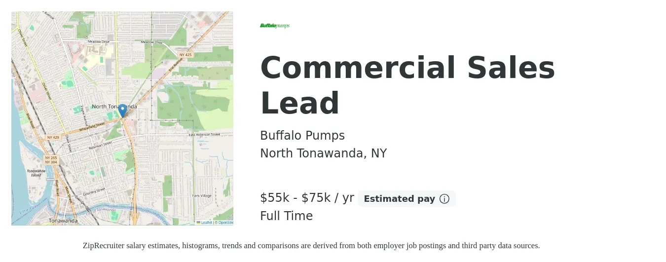 Buffalo Pumps, Inc. job posting for a Commercial Sales Lead in North Tonawanda, NY with a salary of $55,000 to $75,000 Yearly with a map of North Tonawanda location.