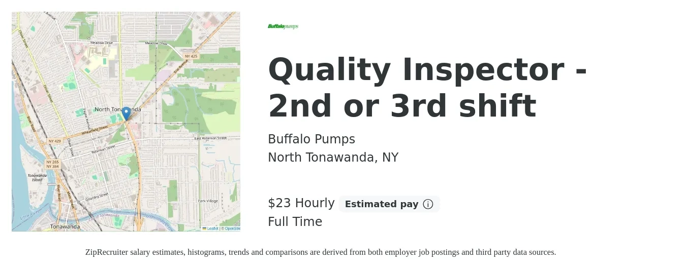 Buffalo Pumps job posting for a Quality Inspector - 2nd or 3rd shift in North Tonawanda, NY with a salary of $24 Hourly with a map of North Tonawanda location.