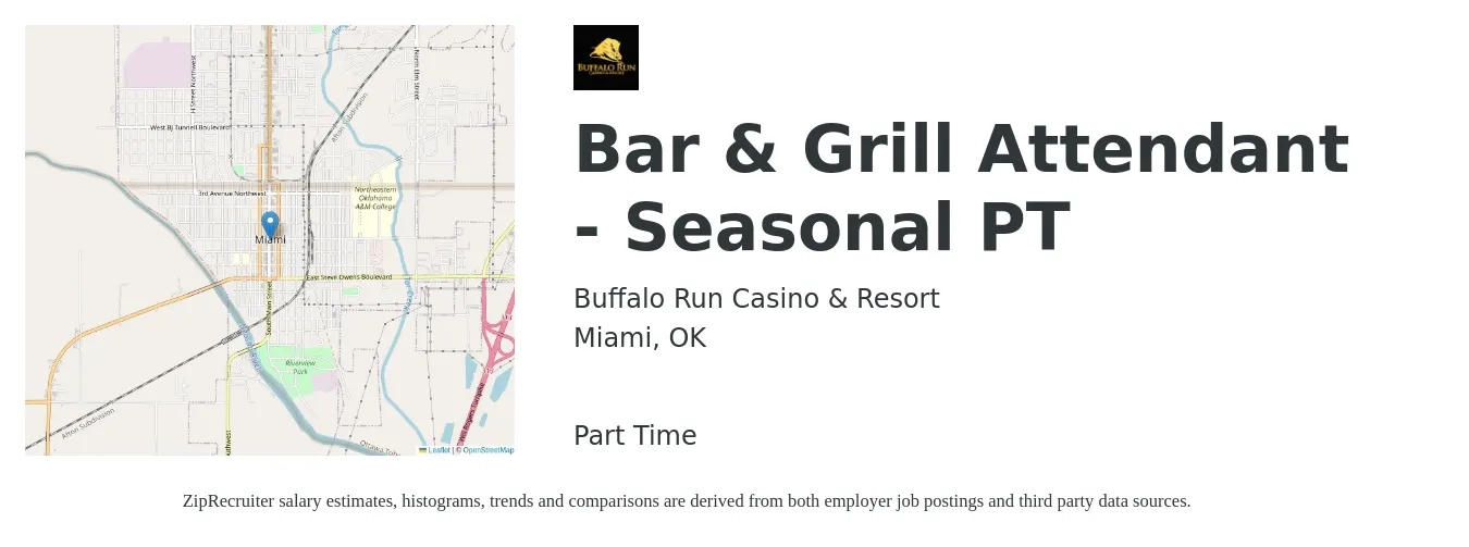 Buffalo Run Casino & Resort job posting for a Bar & Grill Attendant - Seasonal PT in Miami, OK with a salary of $9 to $15 Hourly with a map of Miami location.