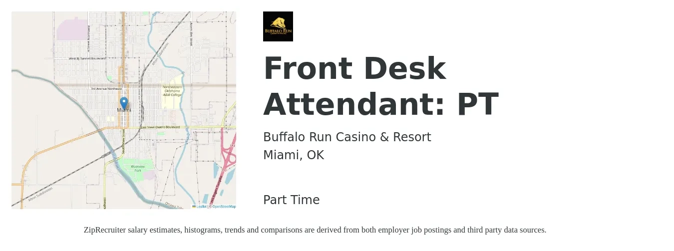 Buffalo Run Casino & Resort job posting for a Front Desk Attendant: PT in Miami, OK with a salary of $11 to $14 Hourly with a map of Miami location.