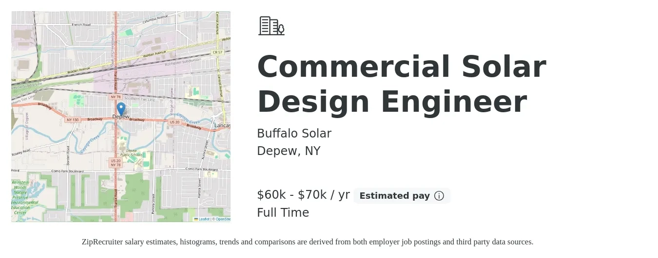 Buffalo Solar job posting for a Commercial Solar Design Engineer in Depew, NY with a salary of $60,000 to $70,000 Yearly with a map of Depew location.