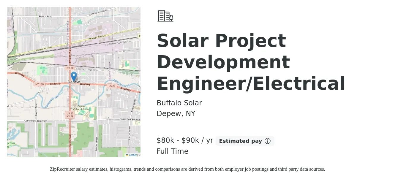 Buffalo Solar job posting for a Solar Project Development Engineer/Electrical in Depew, NY with a salary of $80,000 to $90,000 Yearly with a map of Depew location.