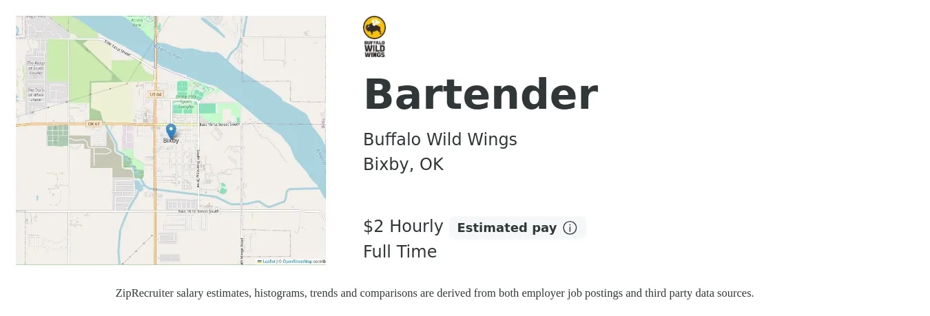Buffalo Wild Wings job posting for a Bartender in Bixby, OK with a salary of $2 Hourly with a map of Bixby location.