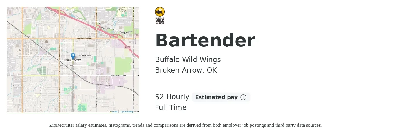 Buffalo Wild Wings job posting for a Bartender in Broken Arrow, OK with a salary of $2 Hourly with a map of Broken Arrow location.