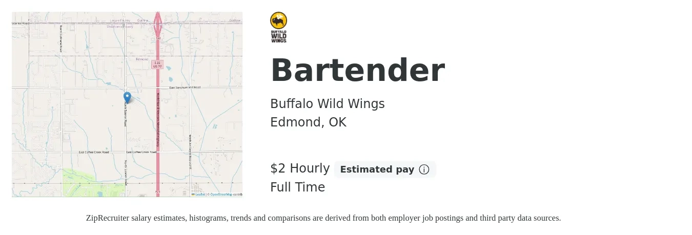 Buffalo Wild Wings job posting for a Bartender in Edmond, OK with a salary of $2 Hourly with a map of Edmond location.