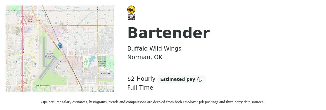 Buffalo Wild Wings job posting for a Bartender in Norman, OK with a salary of $2 Hourly with a map of Norman location.